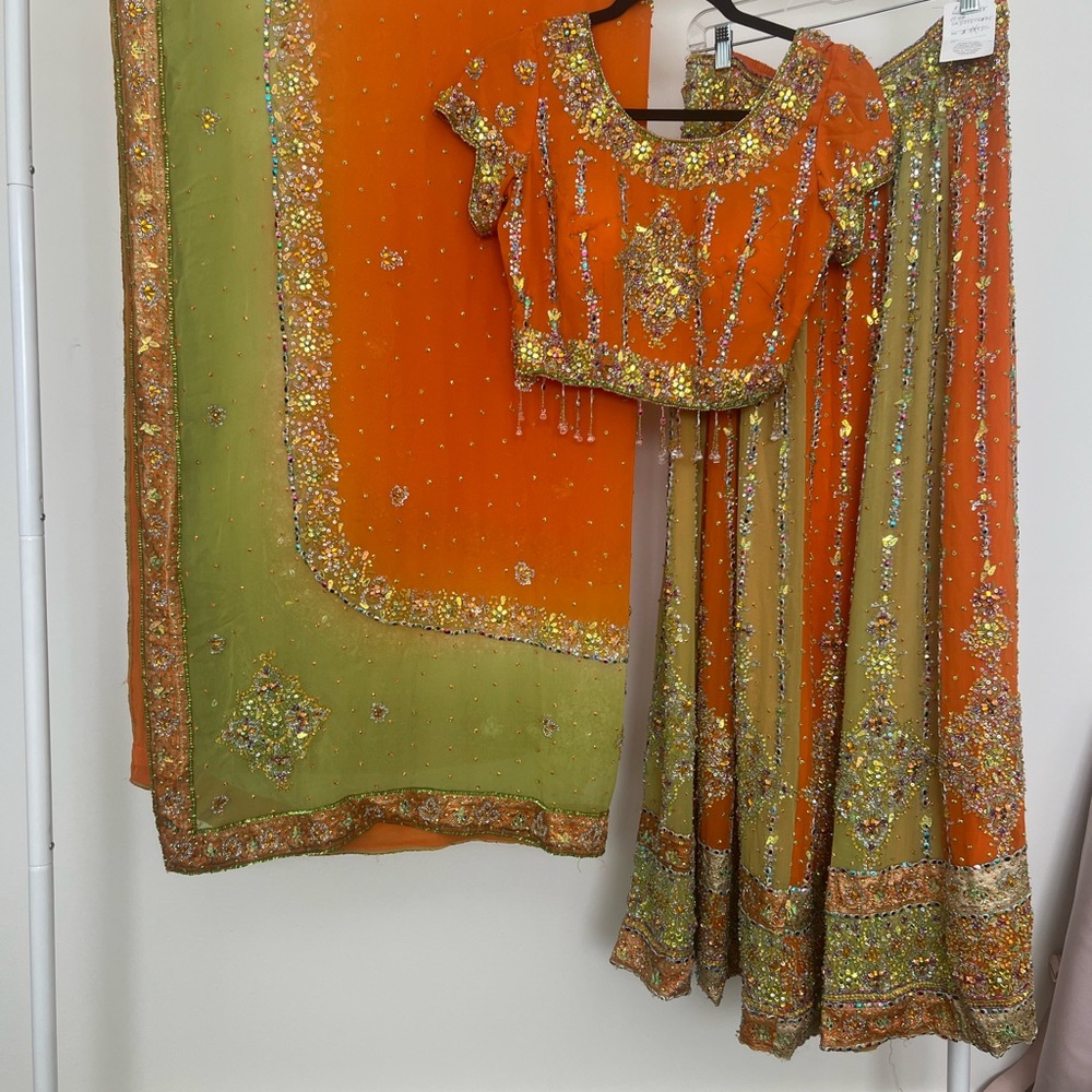 Orange and Green Embellished Lehenga